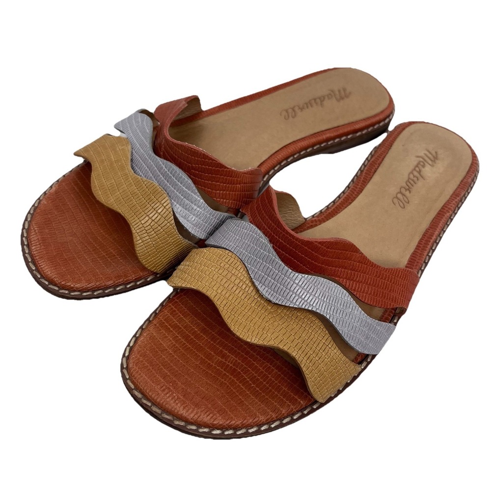 Madewell Slide Flat Sandal Embossed Leather Triple Straps Sz 6 Boho